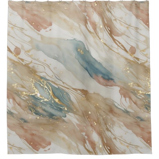 ベージュ&ブルーウォーターカラー抽象芸術大理石 シャワーカーテン (正面)