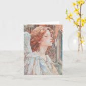 ベージュ、ブルー、オレンジの水色の天使。 カード (黄色い花)