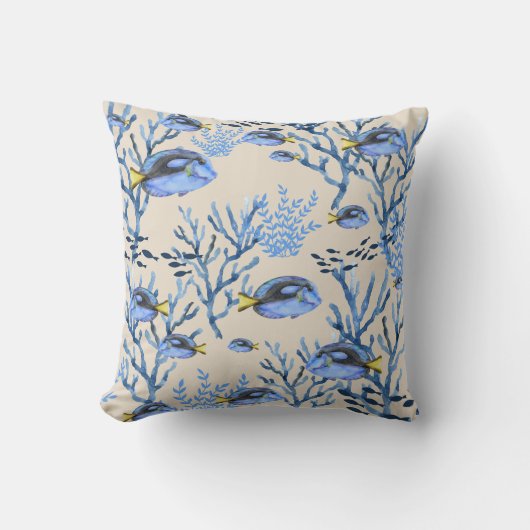 ベージュ ブルー コーラル リーフ ビーチィ シーライフ 魚 海洋 クッション (正面)