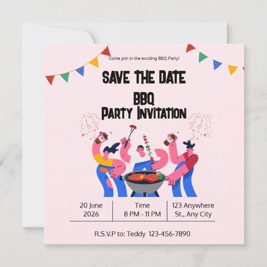 ベージュ ブルー BBQ セーブ・ザ・デート フラットカード (正面)