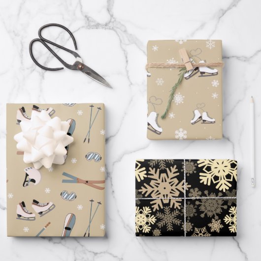 ベージュ&ホワイトウィンタースポーツ ラッピングペーパーシート (正面)