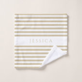 ベージュ&ホワイトファームハウスのストライプパターンのパーソナライズ バスタオルセット (ウォッシュタオル)