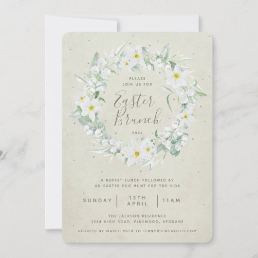 ベージュ+ホワイトフローラリースイースターブランチ 招待状 (正面)