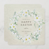 ベージュ+ホワイトフローラリースハッピーイースターフラットカード 招待状 (正面/裏面)