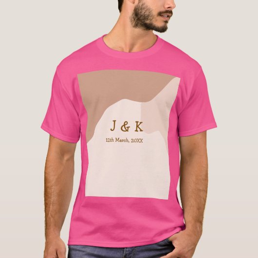 ベージュ ボホ カーブ オレンジ ウェディング 名前 日付 Tシャツ (正面)