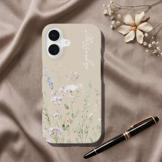 ベージュ ボホ 水彩の野の花 iPhone 16ケース