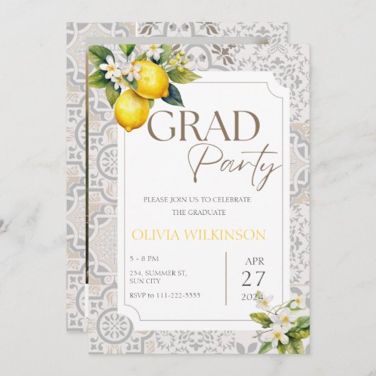 ベージュ メディテレーニア イタリアン レモン 卒業パーティー 招待状 (正面/裏面)