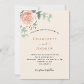 ベージュ ローズゴールド フラワー QRコード RSVP ウェディング 招待状 (正面)