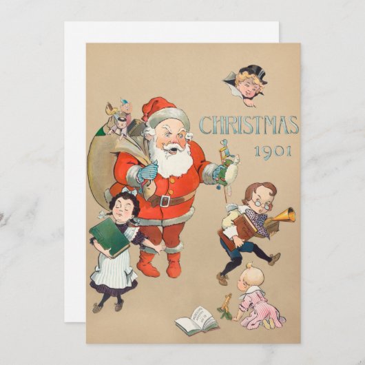 ベージュ ヴィンテージ 怒れるサンタクロース 招待状 (正面/裏面)