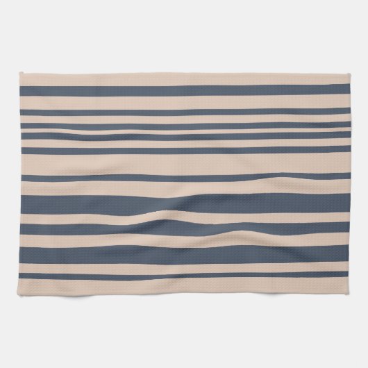 ベージュ/深いブルーシンプルグレースタイリッシュストライプ キッチンタオル (横)