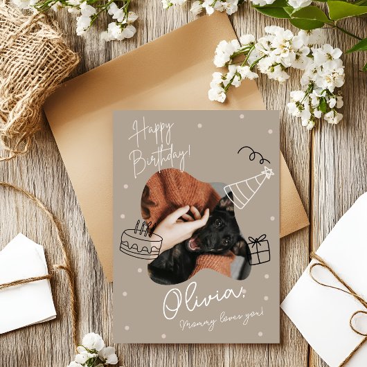 ベージュ 現代のペット写真 誕生日カード 招待状