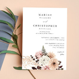 ベージュ&赤面ピンク素朴フローラ結婚ズ 招待状