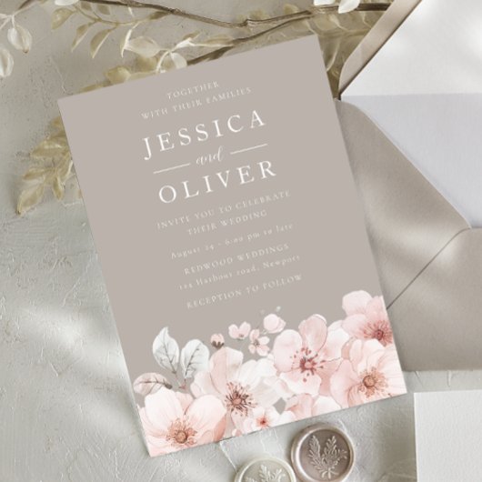 ベージュ&赤面フローラビューティフルデザイ結婚ナー 招待状