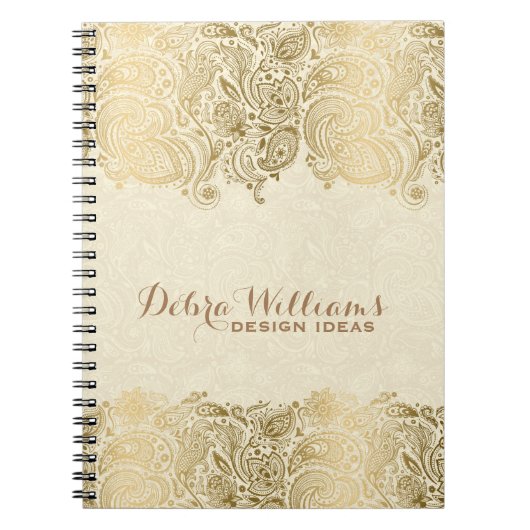 ベージュ&金ゴールドフローラペイズリーレース ノートブック (正面)