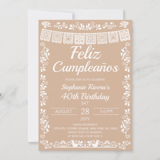 ベージュ Feliz Cumpleaños 40歳の誕生日 招待状 (正面)