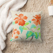 ベージュWashiを絵を描くオレンジハイビスカスの水彩画 クッション (ブランケット)
