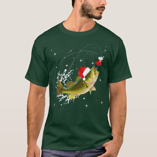 ベースおもしろい魚釣りサンタハットクリスマスパジャマ Tシャツ (正面)