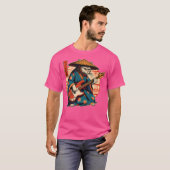 ベースを演奏する日本人侍猫 Tシャツ (正面フル)