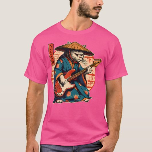 ベースを演奏する日本人侍猫 Tシャツ (正面)