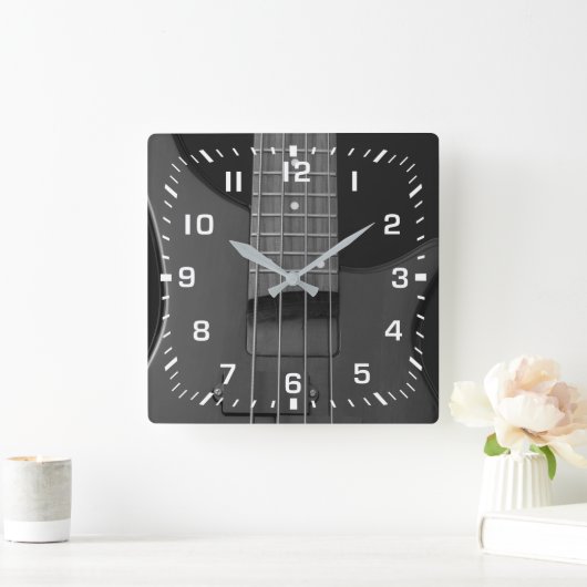 ベースギターの白い四角の数 スクエア壁時計 (ホーム)