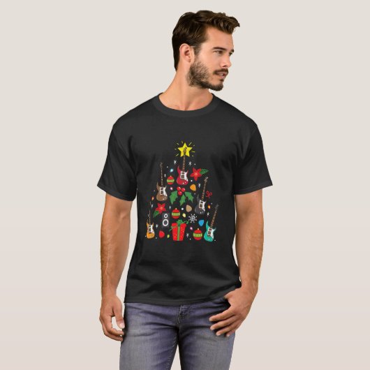 ベースギタークリスマス装飾ツリーおもしろいギフト Tシャツ (正面フル)