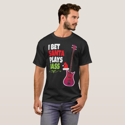ベースギター奏者サンタクリスカッコいいマスの贈り物 Tシャツ (正面フル)