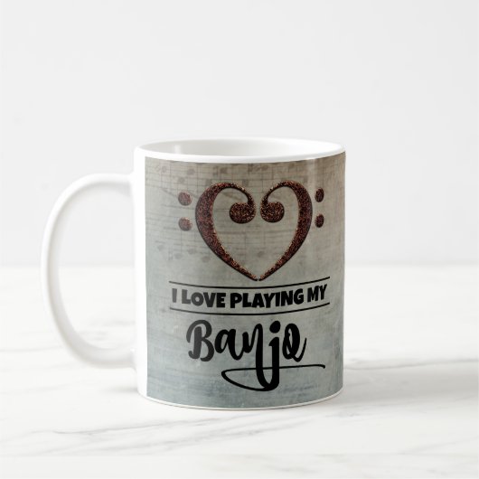 ベースクレフ、 音符記号ハートヴィンテージシートミュージックバンジョー コーヒーマグカップ (左)