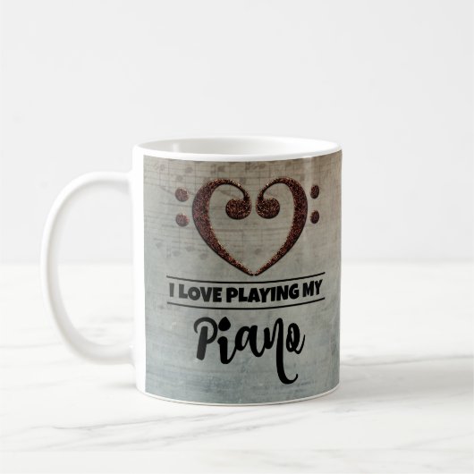 ベースクレフ、 音符記号ハートヴィンテージシートミュージックピアノ コーヒーマグカップ (左)
