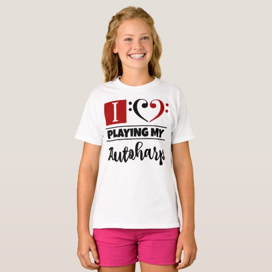 ベースクレフ、 音符記号ハート大好き遊マイオートハープ Tシャツ (正面フル)