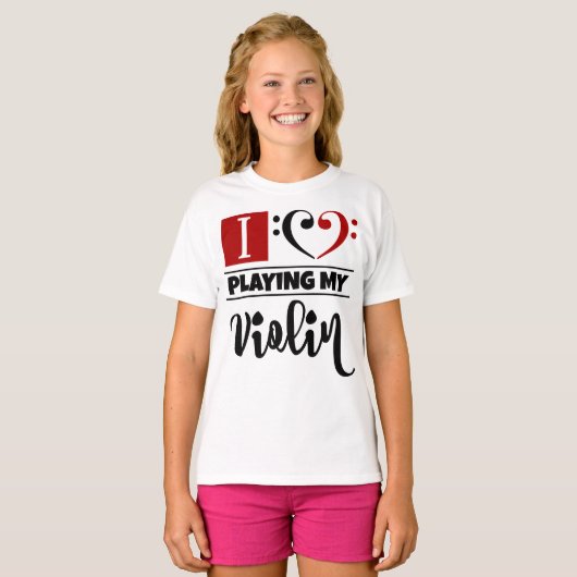 ベースクレフ、 音符記号ハート大好き遊マイバイオリン Tシャツ (正面フル)