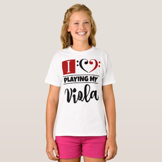 ベースクレフ、 音符記号ハート大好き遊マイビオラ Tシャツ (正面フル)