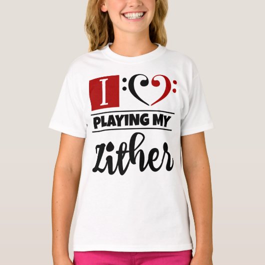 ベースクレフ、 音符記号ハート私は愛遊する私のZither Tシャツ (正面)