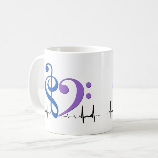 ベースクレフ、 音符記号ハートEKGウェーブブルー&アメジスト コーヒーマグカップ (正面左)
