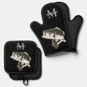 ベースパーソナライズされた魚釣りモノグラムアウトドア素朴 鍋つかみ&鍋敷きセット (正面/裏面)