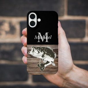 ベースパーソナライズされた魚釣りモノグラムアウトドア素朴 iPhone 16 PLUSケース