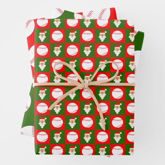 ベースボールとサンタクロース赤と緑のクリスマス ラッピングペーパーシート (インサイチュ)