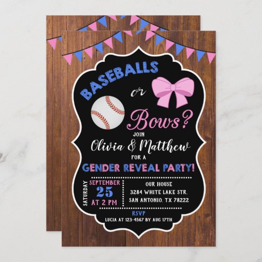 ベースボールまたは弓ジェンダーが招待を明らかにする 招待状 (正面/裏面)