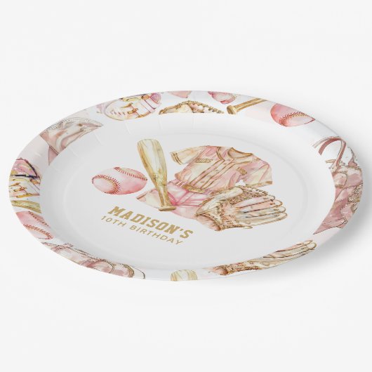 ベースボールガール誕生日 パーソナライズされた ペーパープレート (アングル)