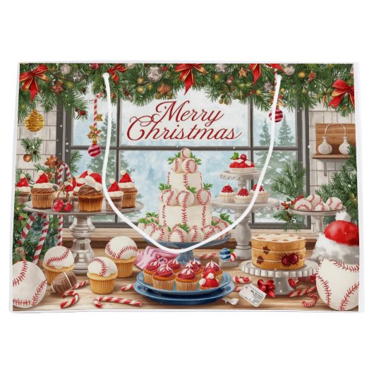ベースボールクリスマスをテーマにしたベーカリー ラージペーパーバッグ (正面)