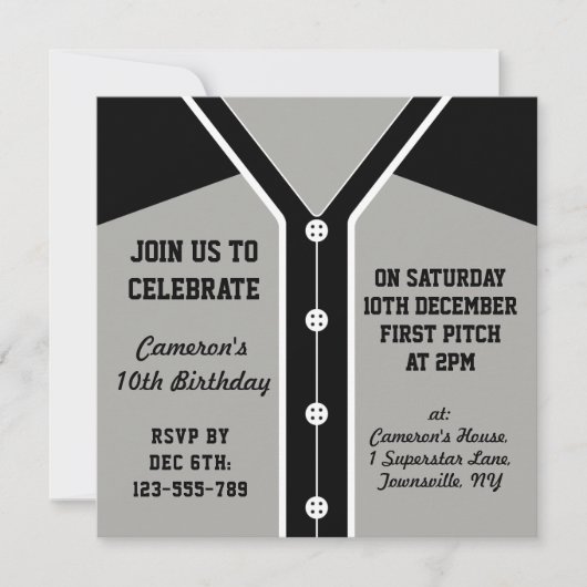 ベースボールジャージーテーマのパーティー招待状テンプレート 招待状 (正面)