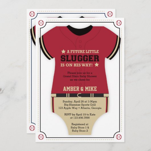 ベースボールジャージーベビーシャワー招待状、赤、黒 招待状 (正面/裏面)