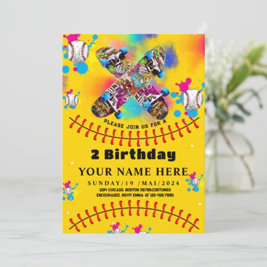 ベースボールスケートボードのカラフルなパーティー黄色 招待状 (スタンド正面)