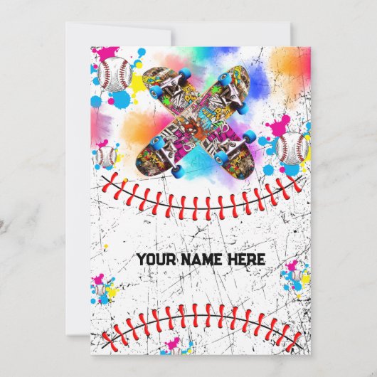 ベースボールスケートボードのグラフィティカラフルパーティー 招待状 (裏面)