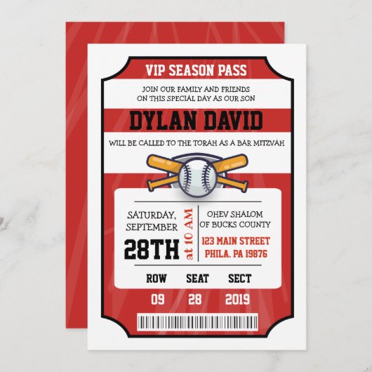 ベースボールチケット バー バット ミツバ祭 招待状 (正面/裏面)