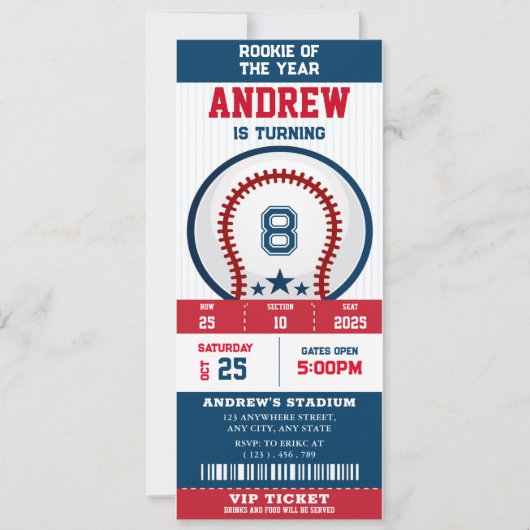 ベースボールチケット ルーキーオブザイヤー誕生日 招待状 (正面)