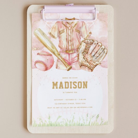 ベースボールラグジュアリーガール誕生日ピンク金ゴールド 招待状