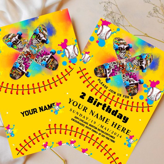 ベースボール スケートボード グラフィティ カラフルパーティー イエロー 招待状