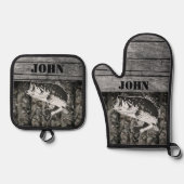 ベース素朴魚釣り名木材スポーツアウトドア迷彩柄 鍋つかみ&鍋敷きセット (正面)