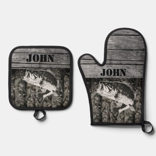 ベース素朴魚釣り名木材スポーツアウトドア迷彩柄 鍋つかみ&鍋敷きセット (正面)