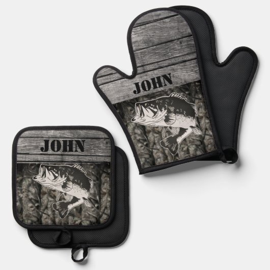ベース素朴魚釣り名木材スポーツアウトドア迷彩柄 鍋つかみ&鍋敷きセット (正面/裏面)